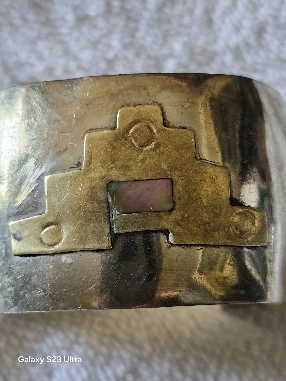 Vintage Alpaca Cuff Bracelet ,Inlay Abulone ,shell ,Gold Tone